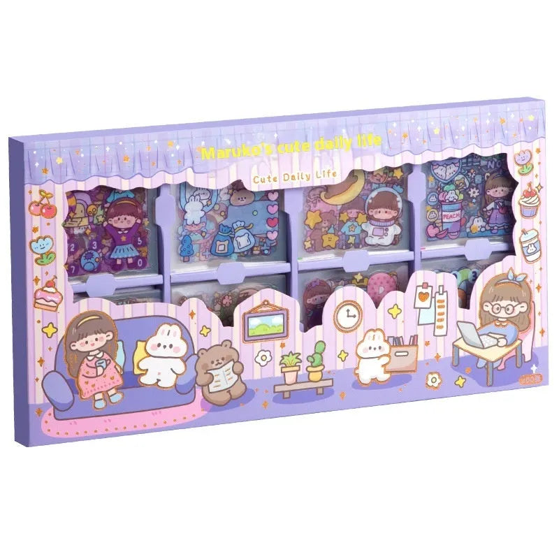 Box of children's printed stickers with cute meatball, peach tea, and space themed designs.