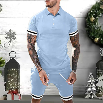 Men's 2-piece casual polo outfit in various colors and sizes, featuring a polo shirt and matching shorts for versatile styling