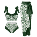 Women's printed split swimsuit three-piece set showing bra, skirt, and panties in floral pattern