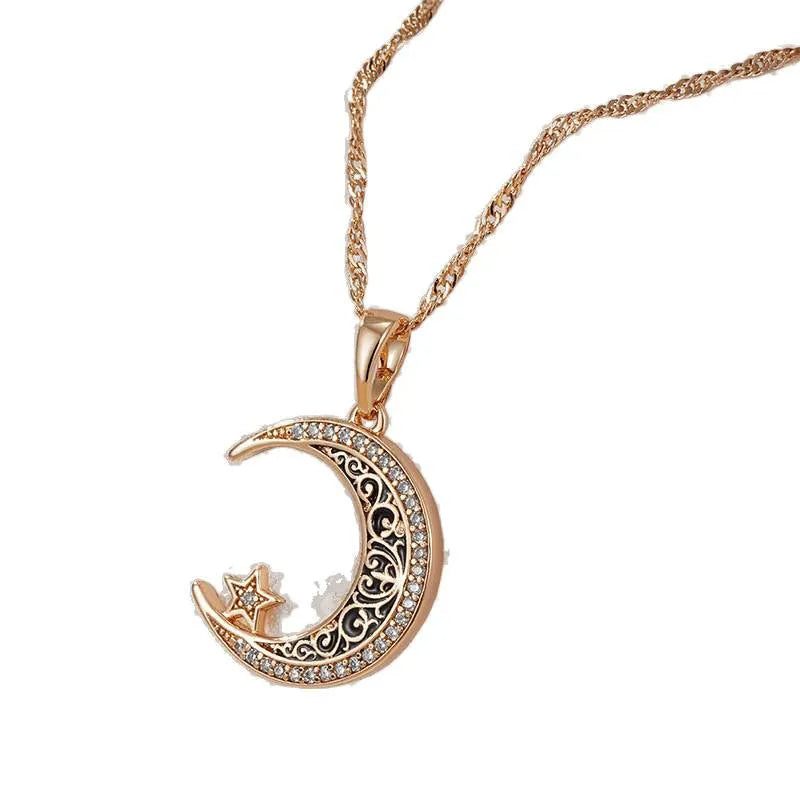 Rose gold tone star moon necklace with zircon enamel pendant on a water wave chain, unisex 21-50cm