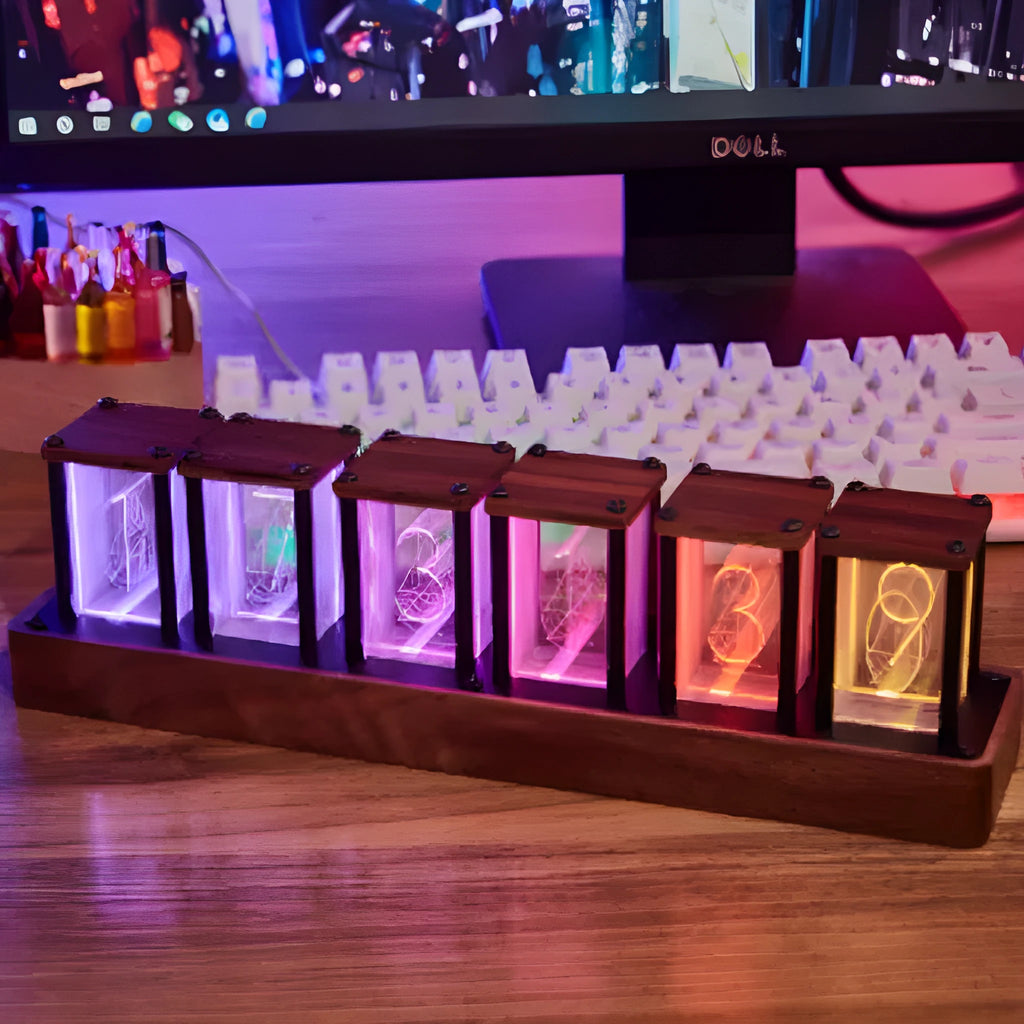 Analog Nixie tube digital alarm clock with walnut wood and aluminium alloy shell, six-grid 350mm design on a desk