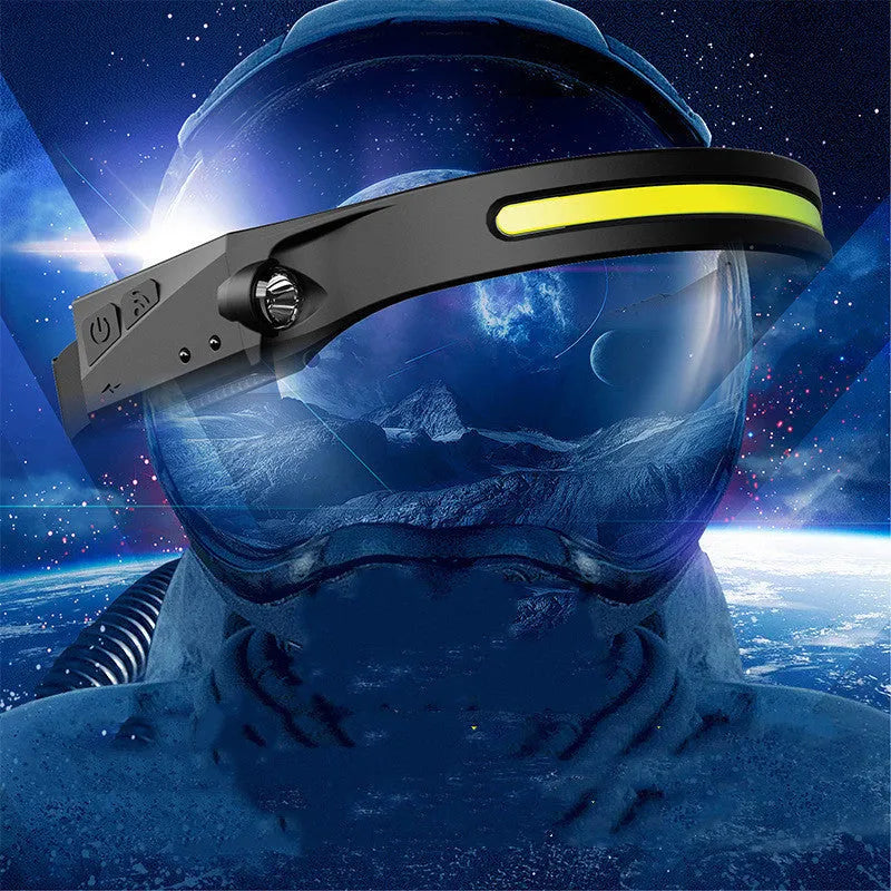 Black silicone USB rechargeable LED headlamp with wide beam and separate spotlight on adjustable strap.