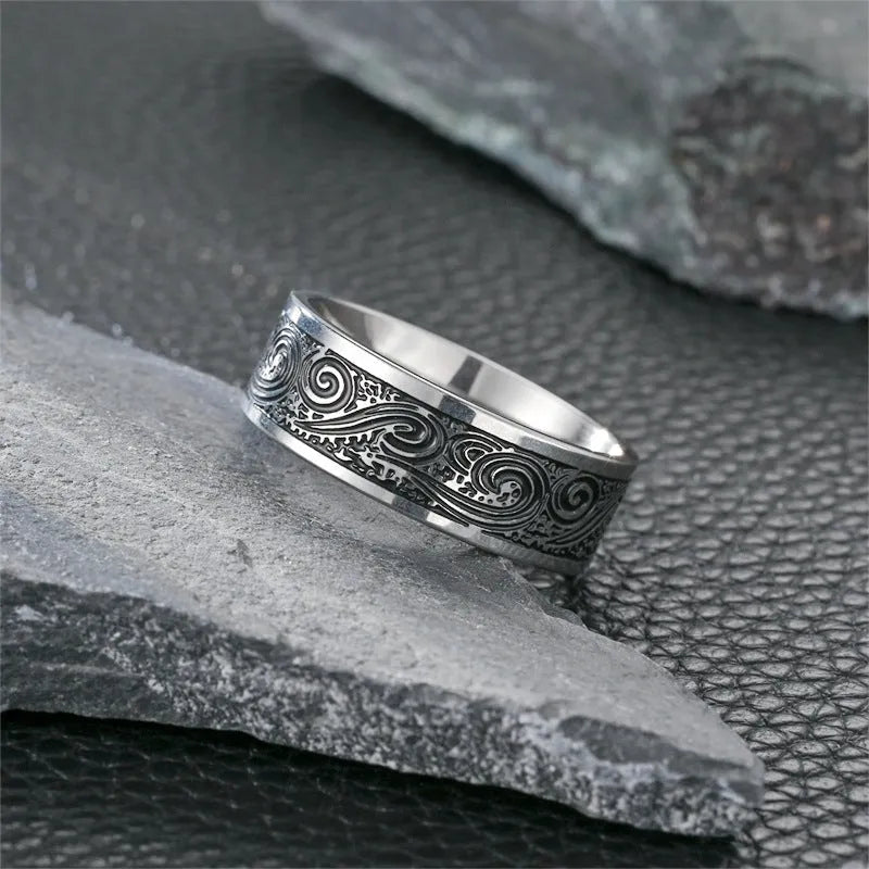 Titanium steel ring with carved Great Wall pattern, colour-changing finish, unisex antique style, 8mm width