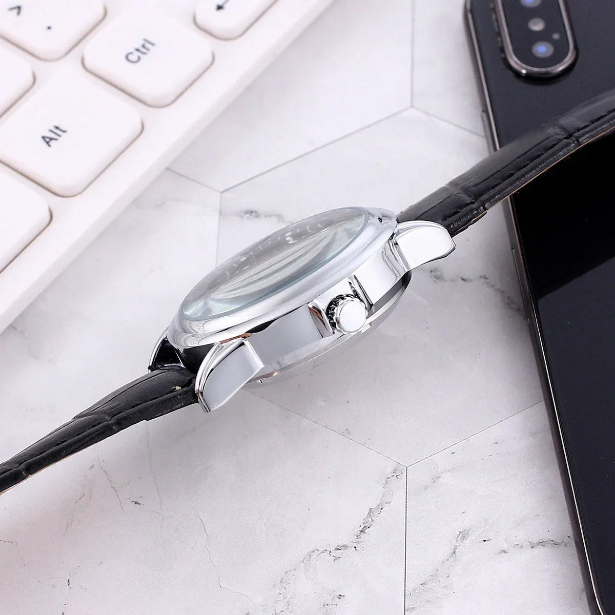 Mens transparent skeleton automatic casual watch with 37mm dial, genuine leather strap, and alloy case