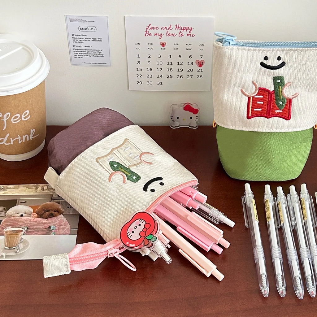 Brown Korean style collapsible pencil case with cartoon design and oxford fabric material
