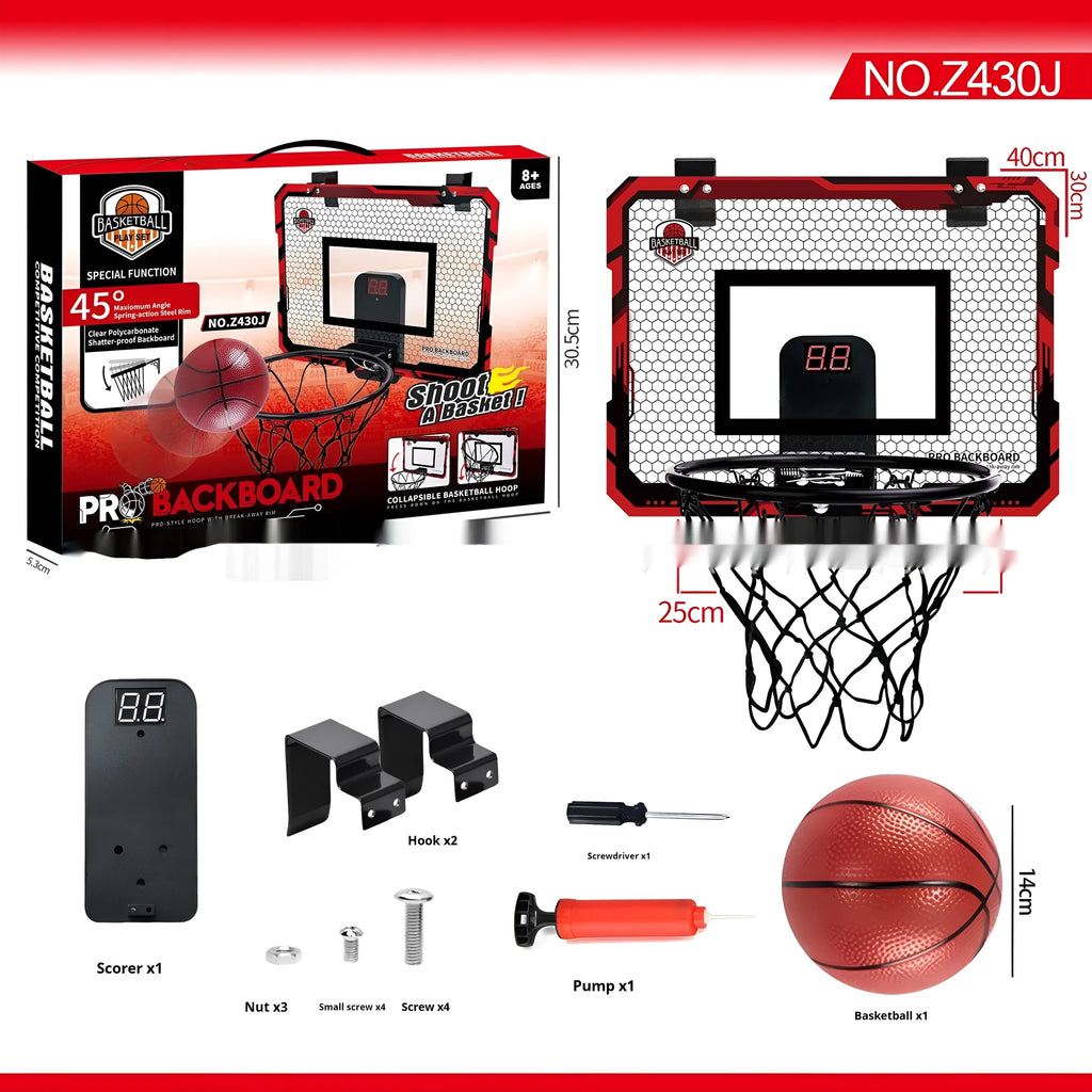 Red folding basketball frame with suction cup mount showing dual-use dunk and ball rack functions