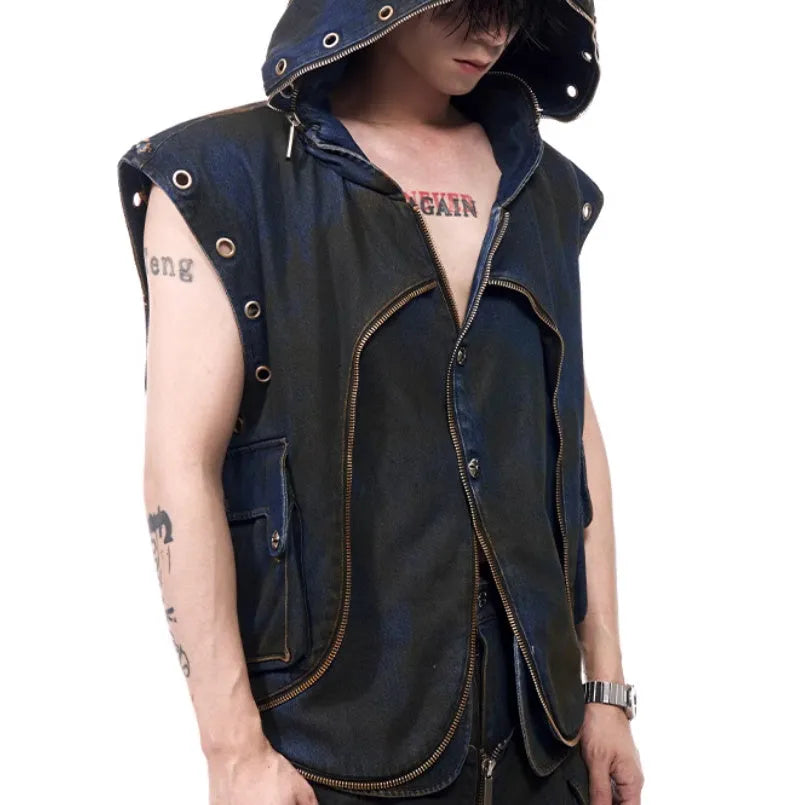 Blue hooded denim vest coat and matching trousers laid flat.