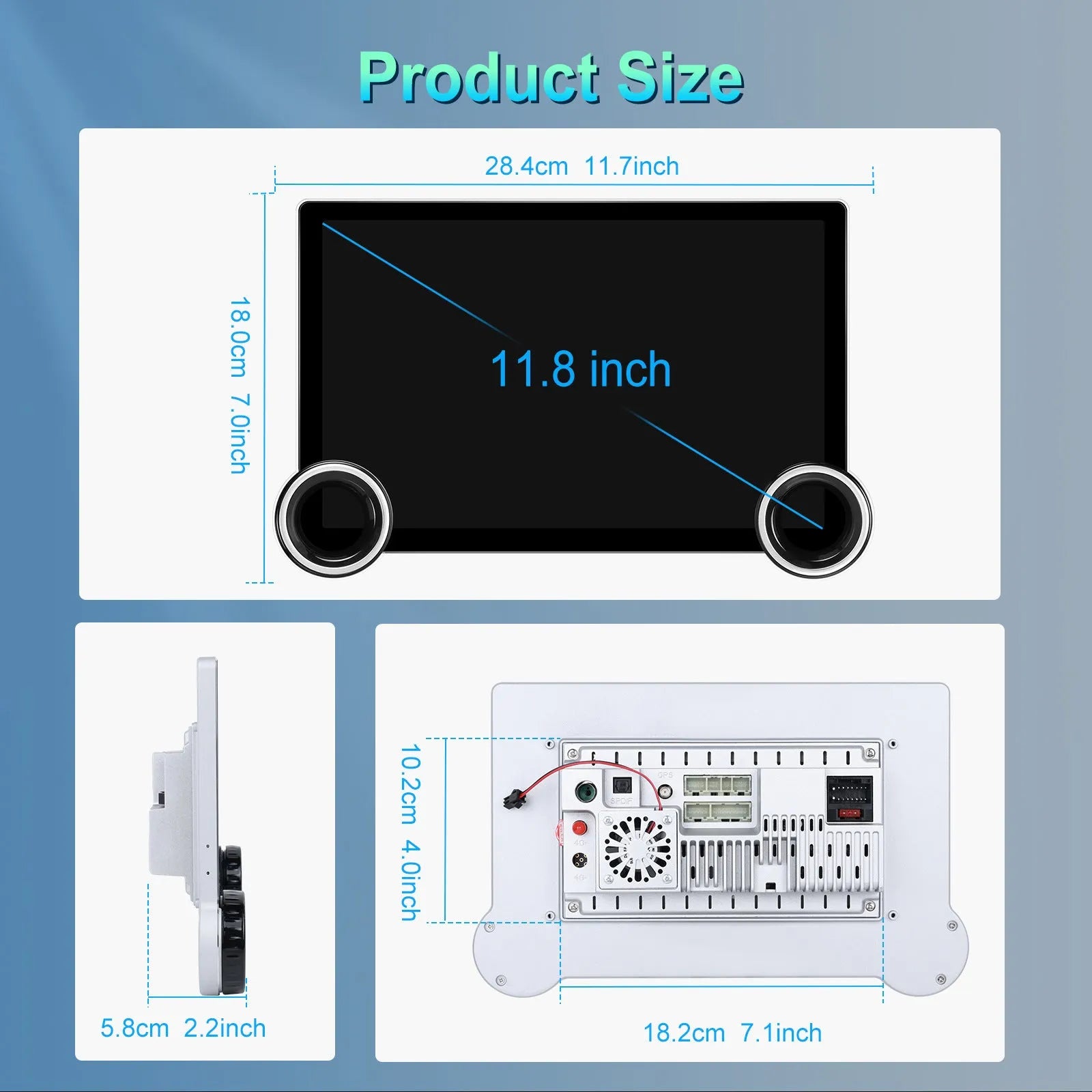 11.8-inch Android car stereo with dual knobs and QLED screen showing navigation map