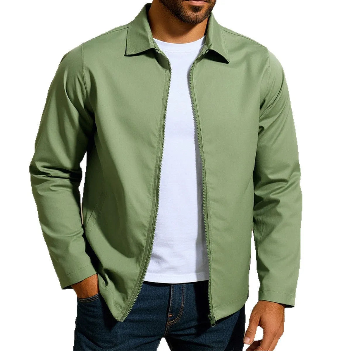 Men's zip-front cardigan jacket with raglan sleeves shown in emerald green, khaki, black, and navy blue colour options.