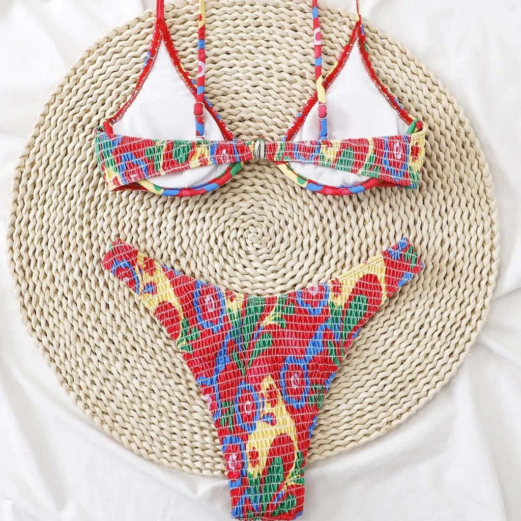 Red floral print women's underwire triangle bikini top and briefs set