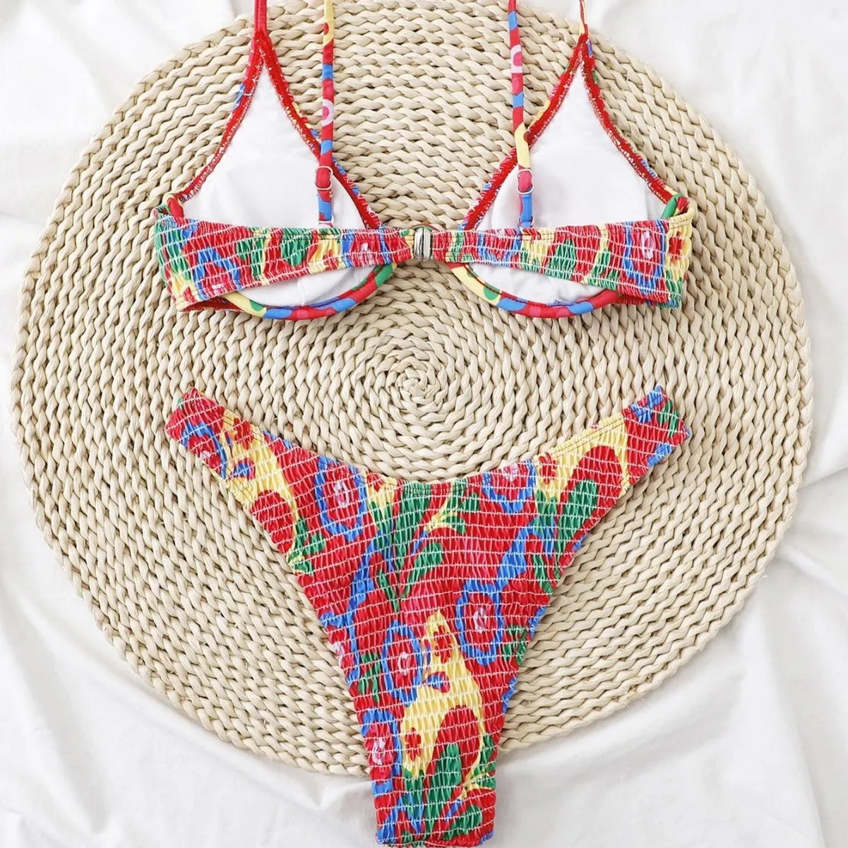 Red floral print women's underwire triangle bikini top and briefs set