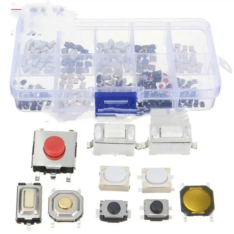 250 SMT tactile push button switches in protective boxed packaging for electronic projects