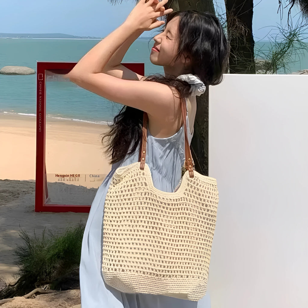 Beige woven cotton linen shoulder bag shown in two sizes with magnetic snap and zipper closure options.