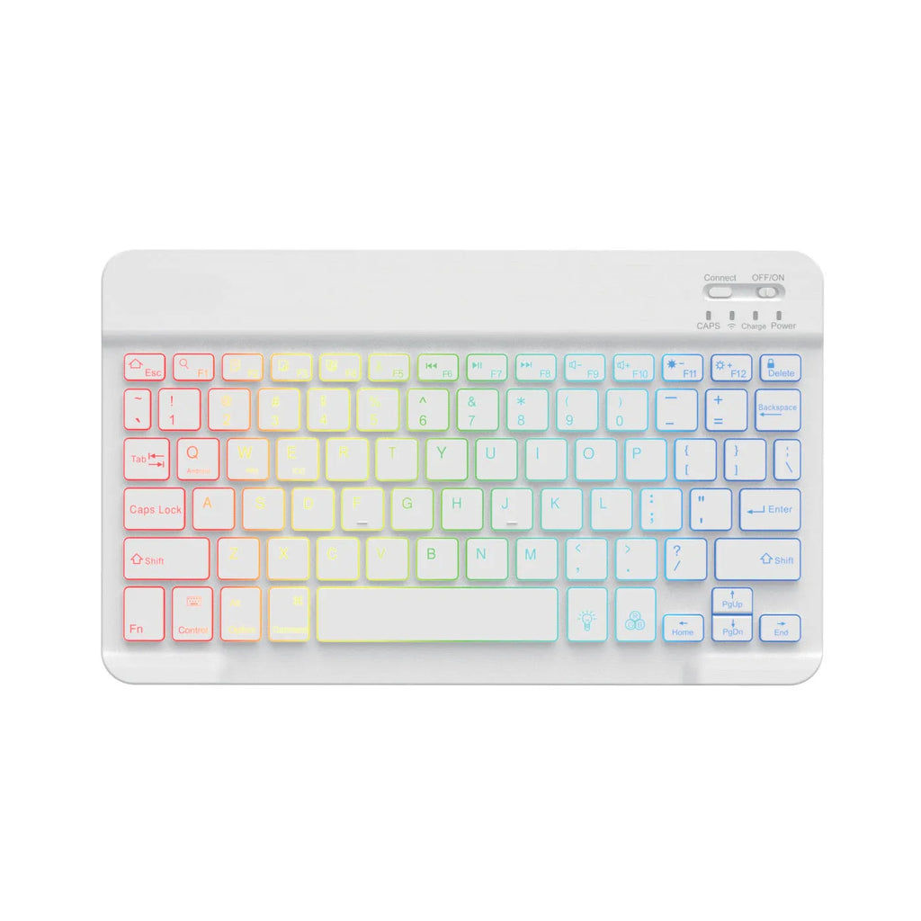 10-inch wireless Bluetooth keyboard with colourful backlighting on a desk next to a tablet.