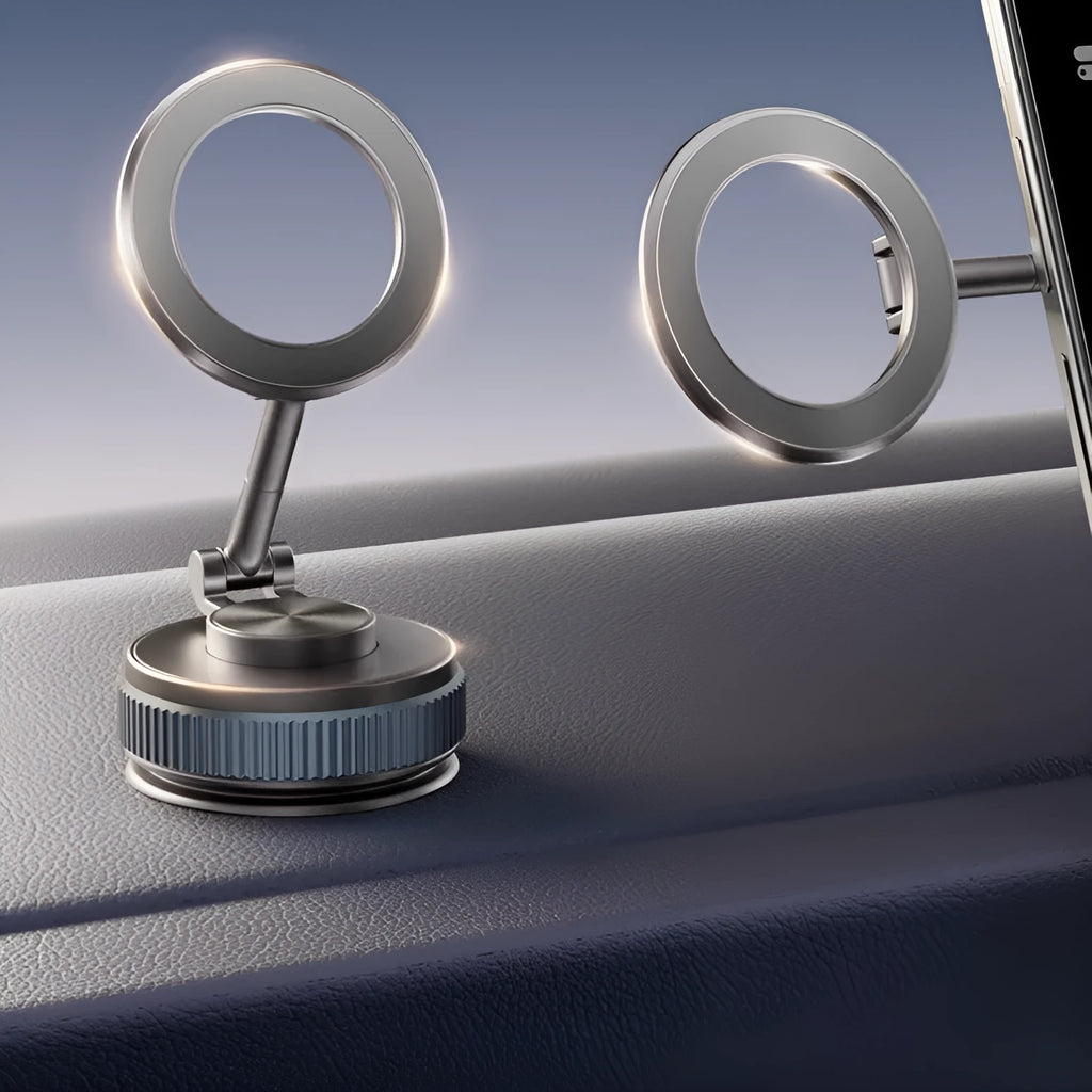 Car navigation suction cup folding mobile phone bracket in black on car dashboard