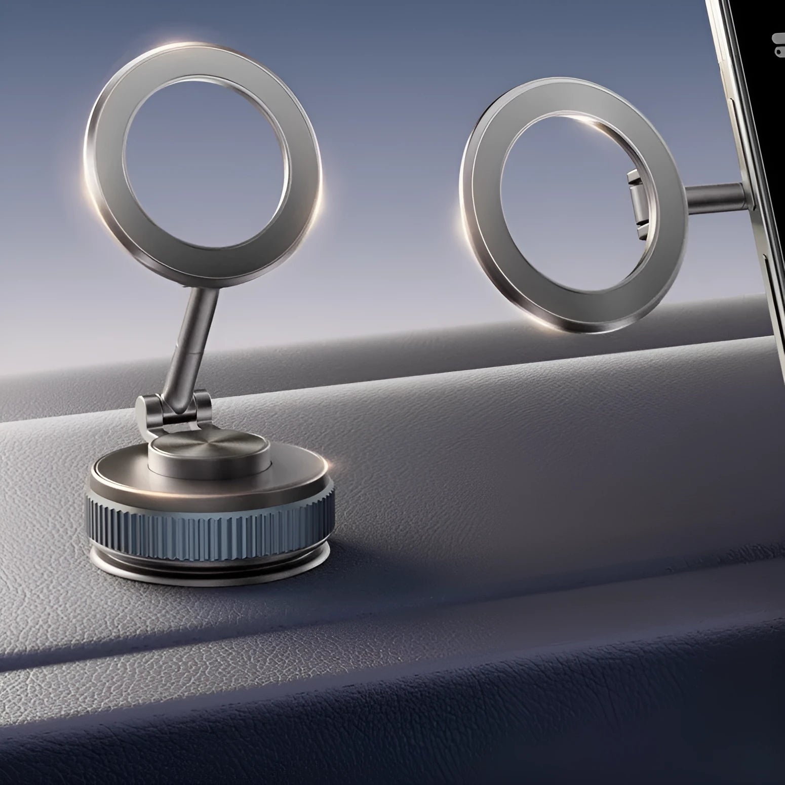 Car navigation suction cup folding mobile phone bracket in black on car dashboard
