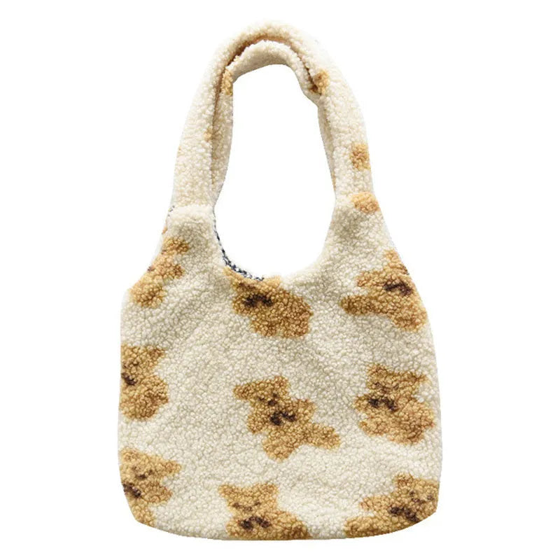 Cute bear print polyester shoulder bag in beige with soft handle and square vertical section shape