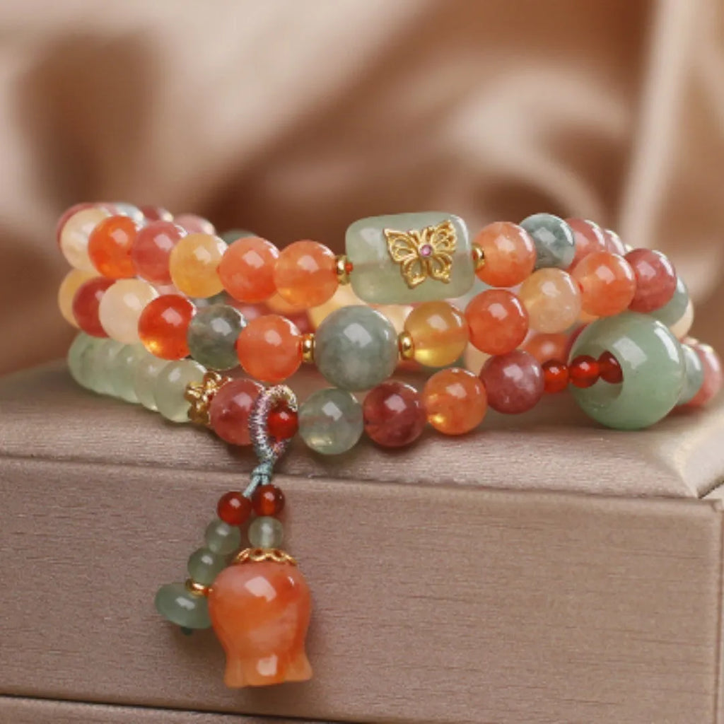 Natural Xinjiang Jinsi Jade multi-circle bracelet with round beads and flower-shaped lily pendant for women