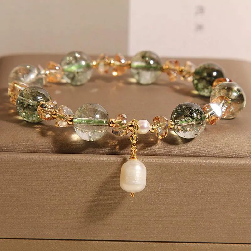 Natural chorite crystal bracelet with champagne quartz and green phantom quartz accents