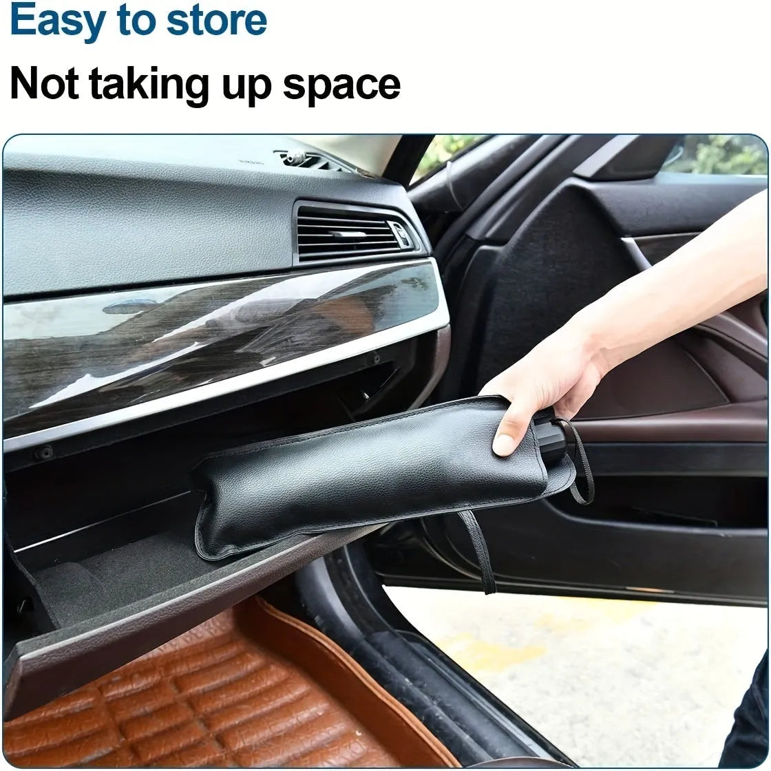 Foldable car windshield sunshade umbrella shown open against a car windscreen and folded compactly.