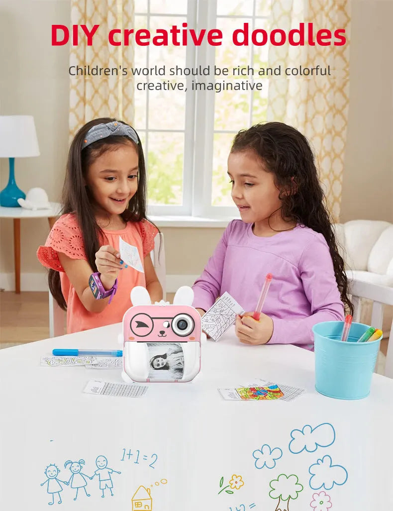 Q5 Polaroid children's digital cartoon camera in pink rabbit design with lanyard on a white background