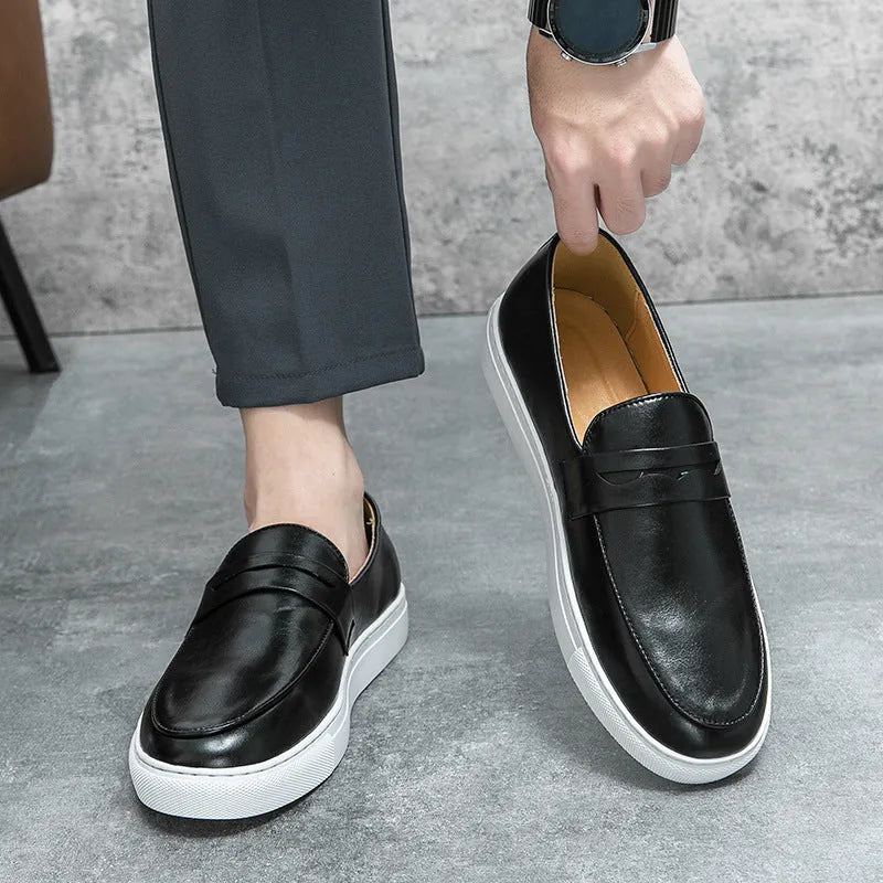 Plus size men's board shoes in black with round toe, flat heel, and artificial PU upper