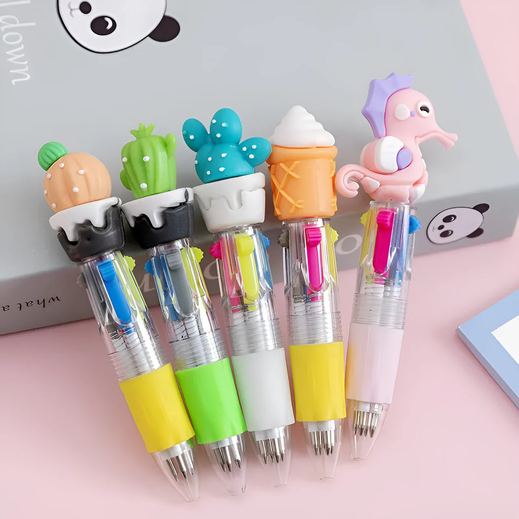 Four-colour press ballpoint pen with cartoon design showing cactus, fast food, fruits, heart wings, or seahorse themes