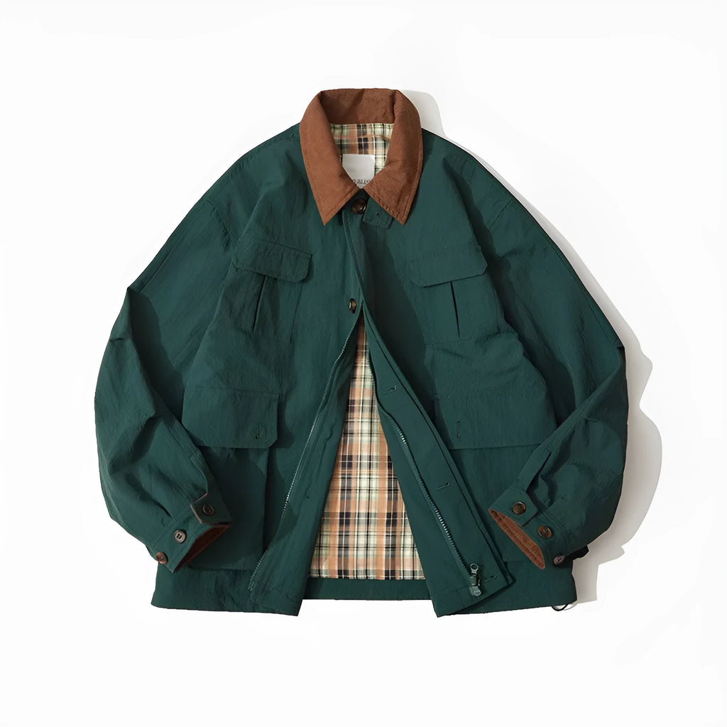 Green or apricot polyester casual jacket with side seam pockets and regular long sleeves