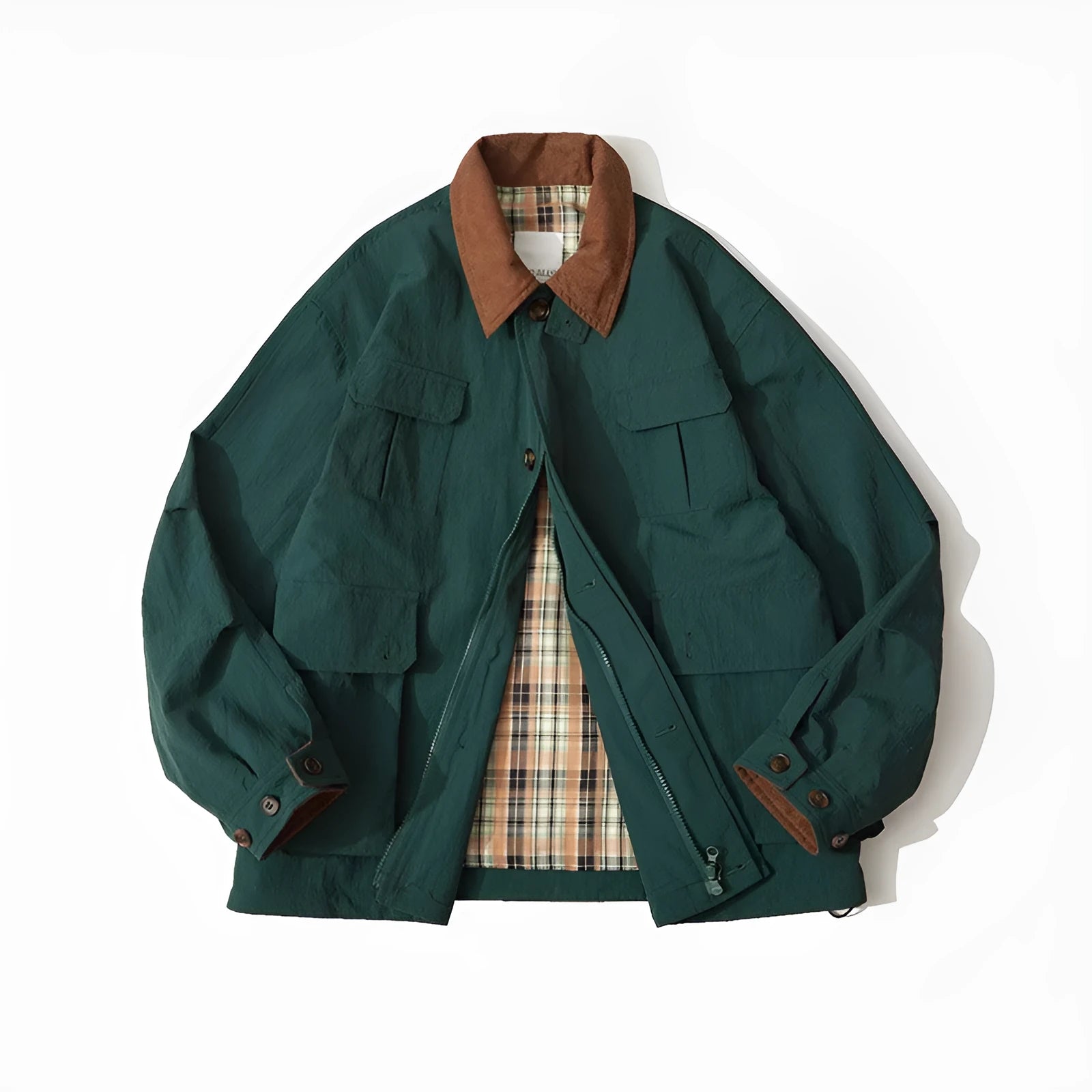 Green or apricot polyester casual jacket with side seam pockets and regular long sleeves