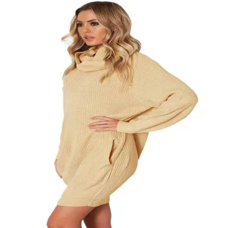 Ladies' mid-length pullover sweater with pocket in imitation cashmere fabric