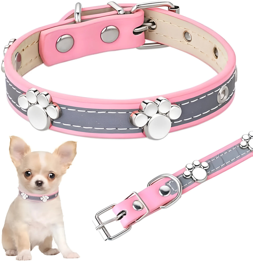 Reflective adjustable PU leather dog collar with metal paw rivet on a grey background.
