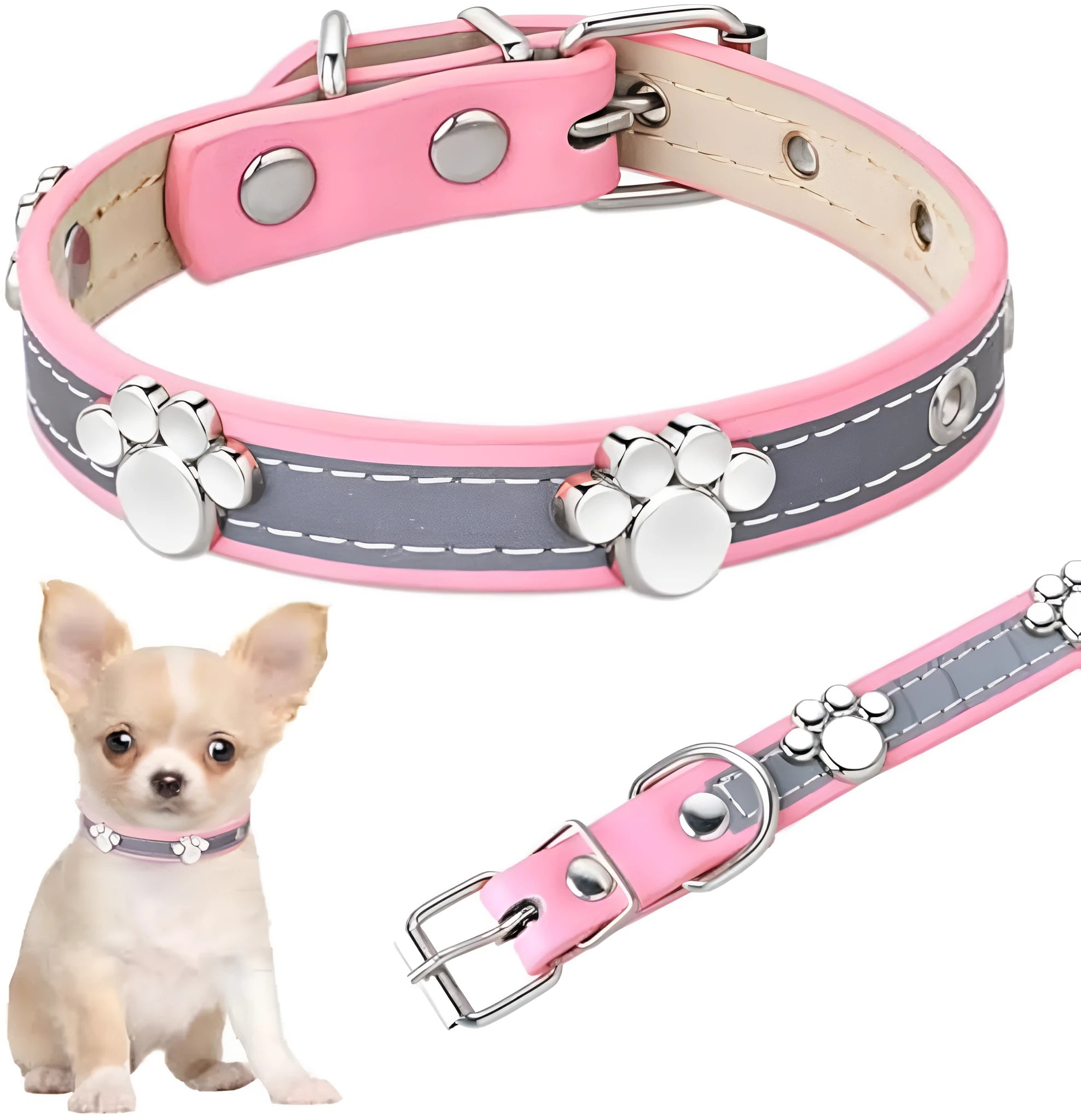 Reflective adjustable PU leather dog collar with metal paw rivet on a grey background.