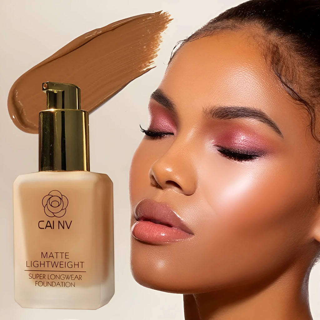 Wheat colour liquid foundation in black leather case with white blend agent for combination skin