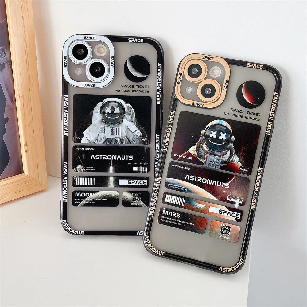 Astronaut graffiti print phone case for iPhone in blue-black, orange-black, and white-black contrast colours