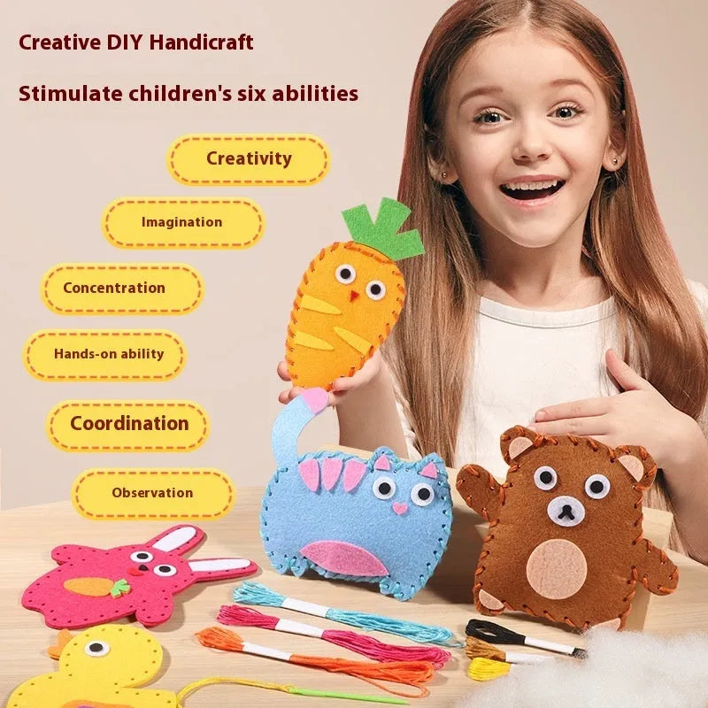 Children's non-woven sewing craft kit in colour box, 19.5 x 16 x 5 cm, with fabric shapes, needle, thread and manual