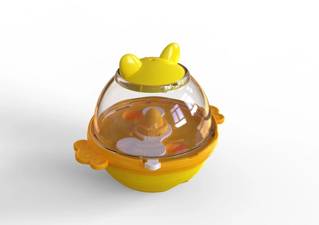 Yellow lake blue TPR dog food tumbler toy measuring 11.2 x 13.9 x 12.2 cm
