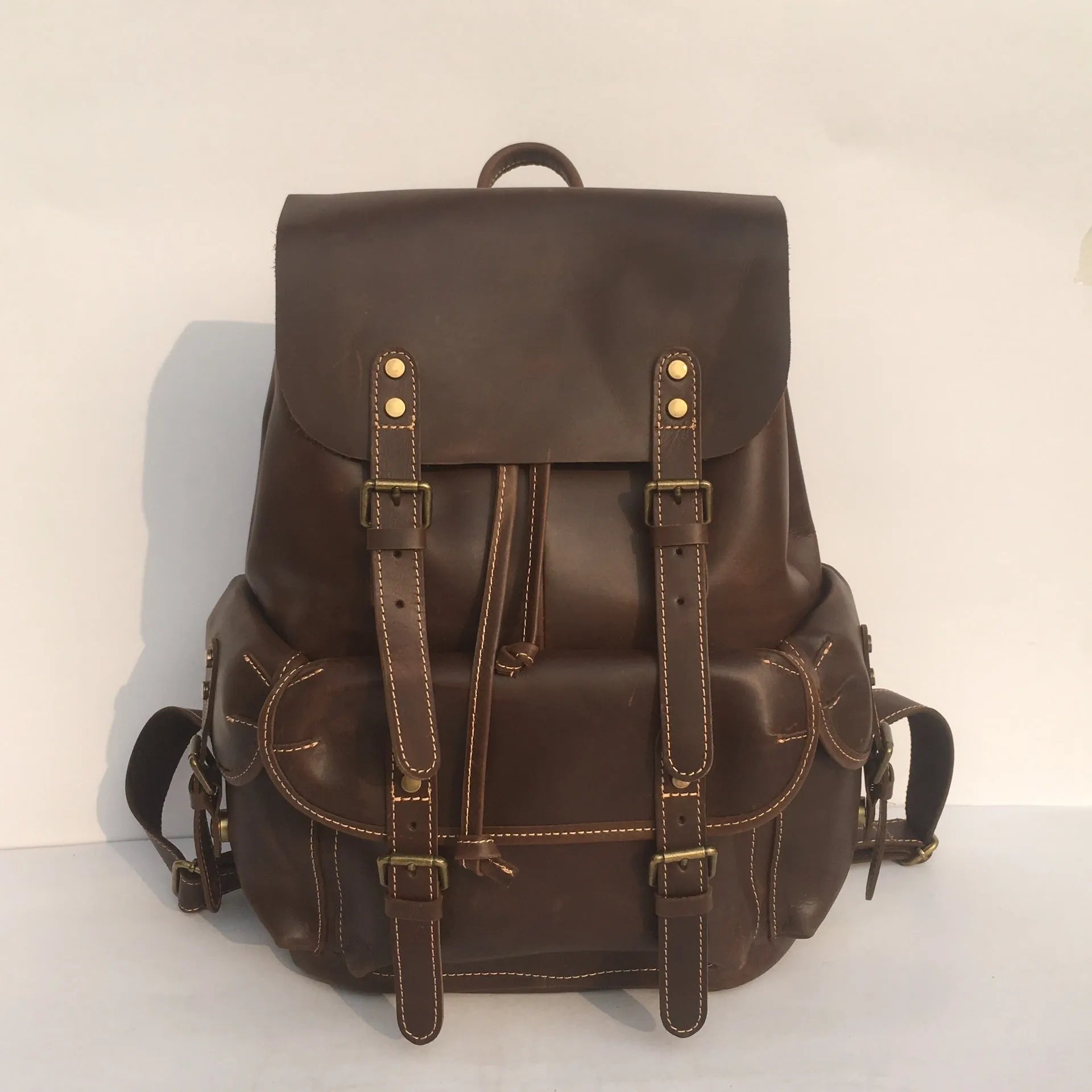 Coffee brown genuine leather men's backpack with air pillow belt back support system