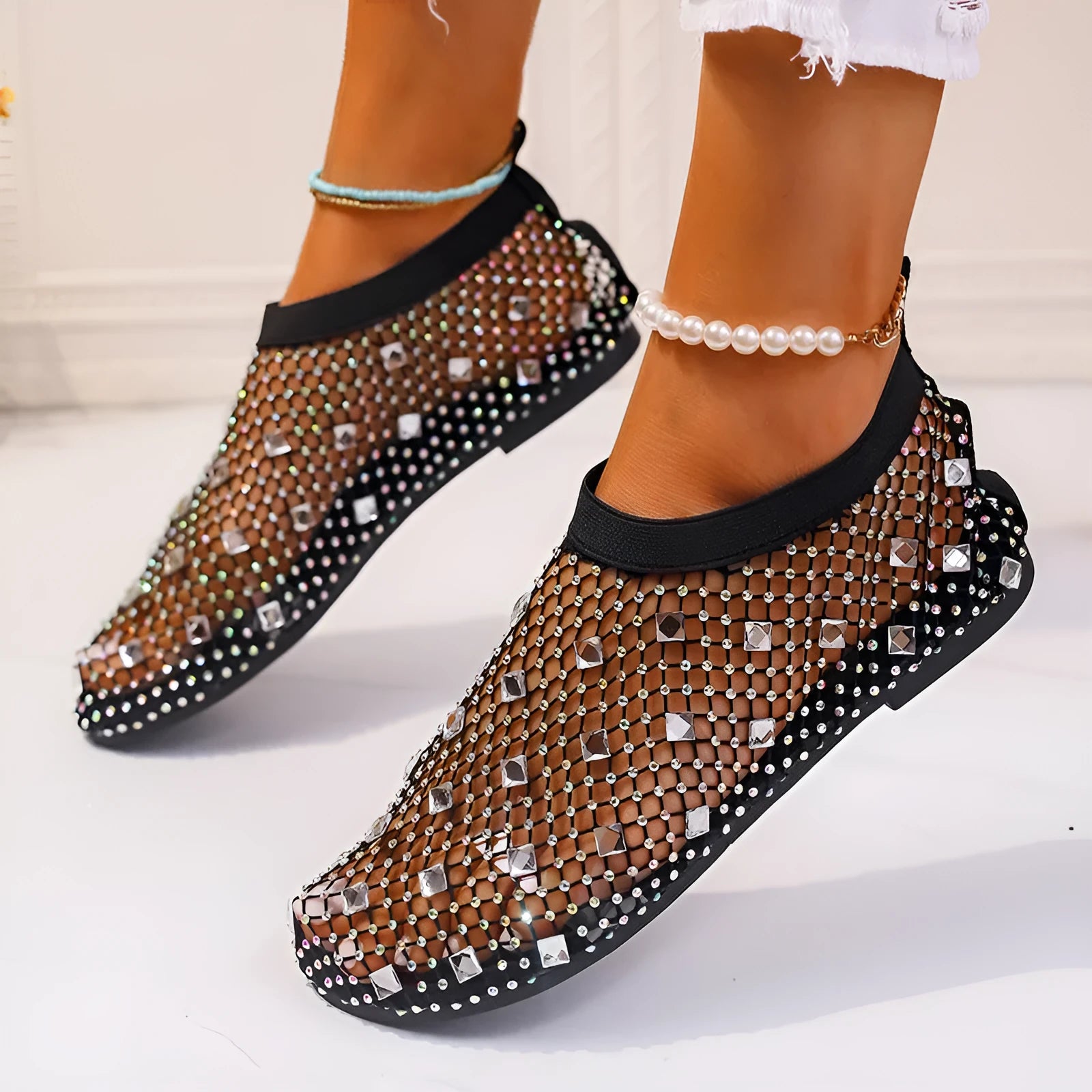 Women's colourful rhinestone mesh flat sandals with round toes and rubber soles