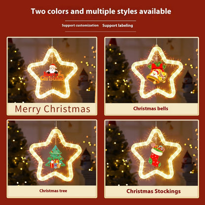 Illuminating 5-point LED star decoration with various festive designs, perfect for holiday decor on windows, doors, and more