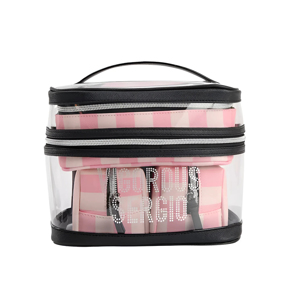 Pink bold stripe floral pattern buggy bag makeup kit with synthetic leather and waterproof lining