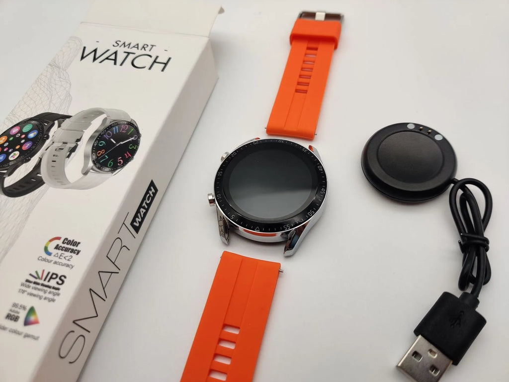 Round smart watch with black aluminium alloy case showing touch screen display with fitness metrics