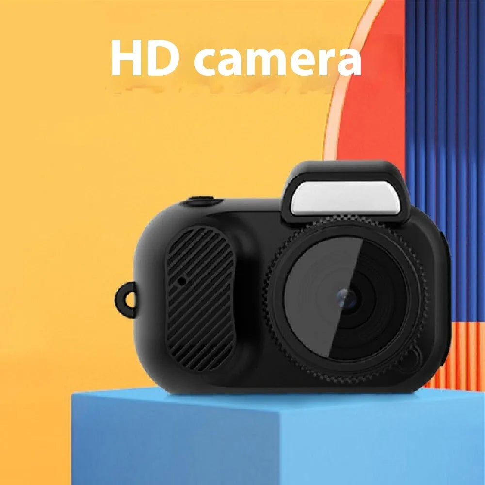 Black retro mini camera with screen displaying 1080p HD video recording capability