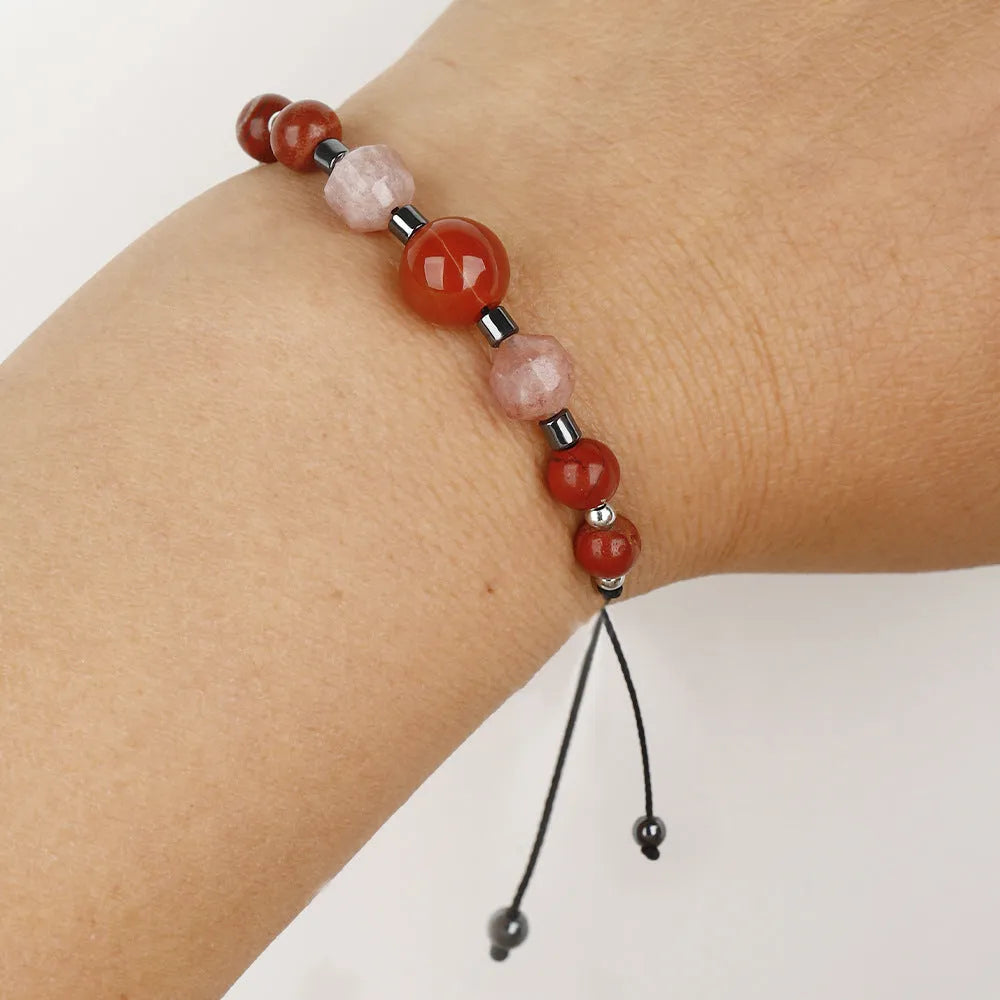 Geometric red crystal bracelet with sunstone, redstone and copper beads handcrafted design