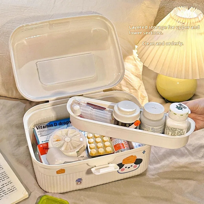 A white double-layer plastic storage box with a set of large, medium, and small stickers for labelling.