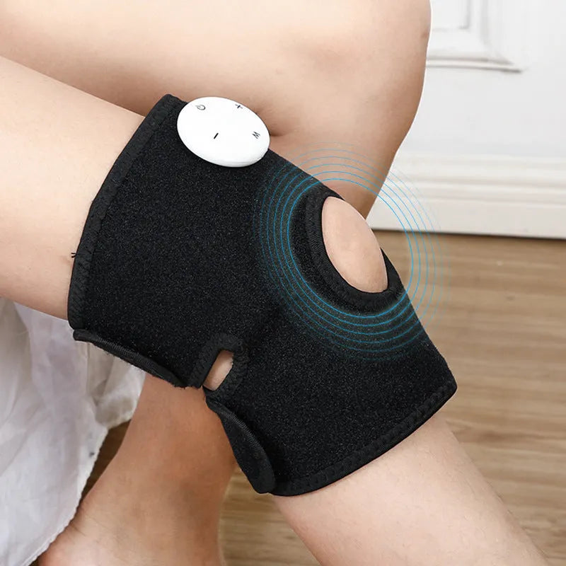 Black anti-cold knee pad with electronic pulse massage, four massage contacts, and USB rechargeable power