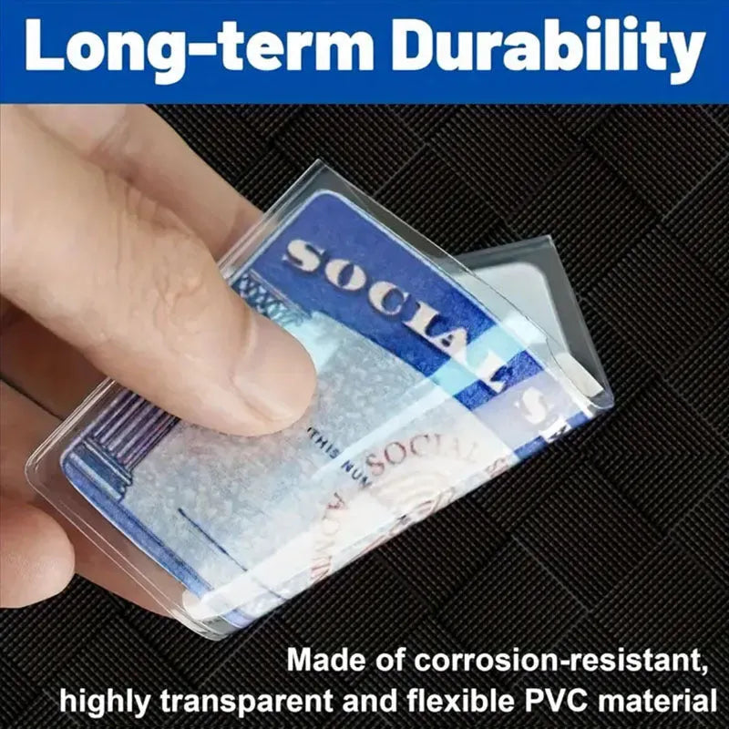 Transparent PVC social security card holder showing dimensions of 9.7 by 5.9 centimetres