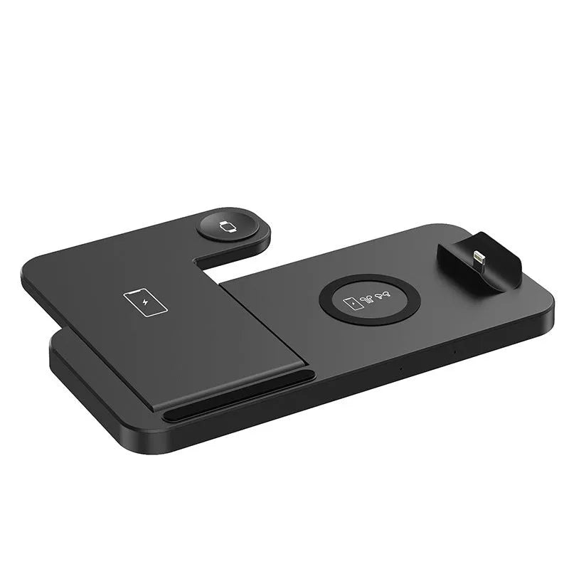 18W folding vertical 4-in-1 wireless charger in black or white, 200x145x22mm, 207g, plastic body