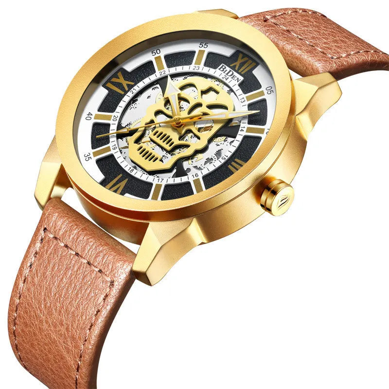 Biden men's hollow quartz watch with calendar function and leather strap