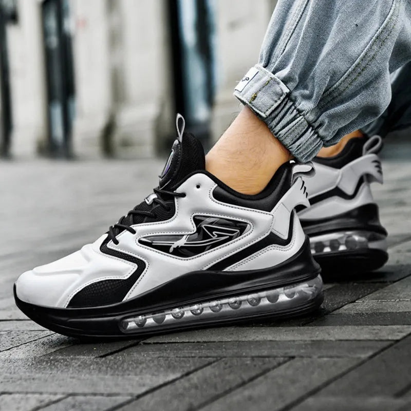 Men's colour-matching lace-up air cushion sneakers in white with thick sole and microfiber upper