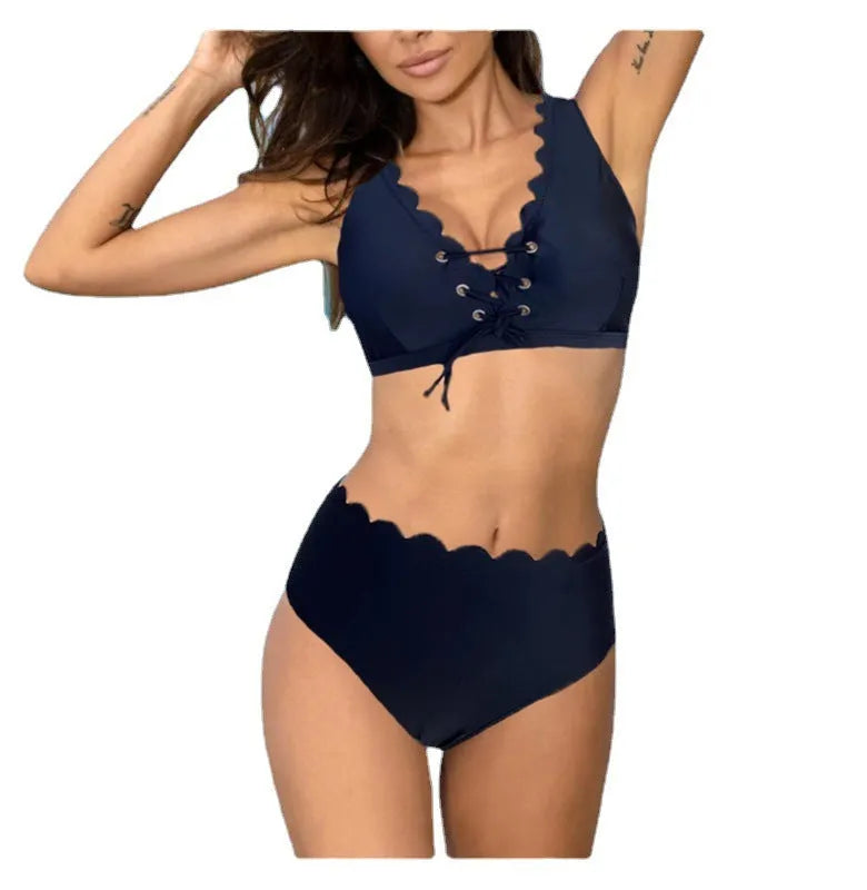 Women's solid colour high-waist split swimsuit in red, black or blue options